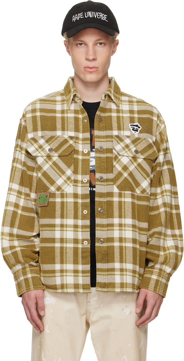 AAPE by A Bathing Ape: Khaki Moonface Check Long Sleeve Shirt | SSENSE