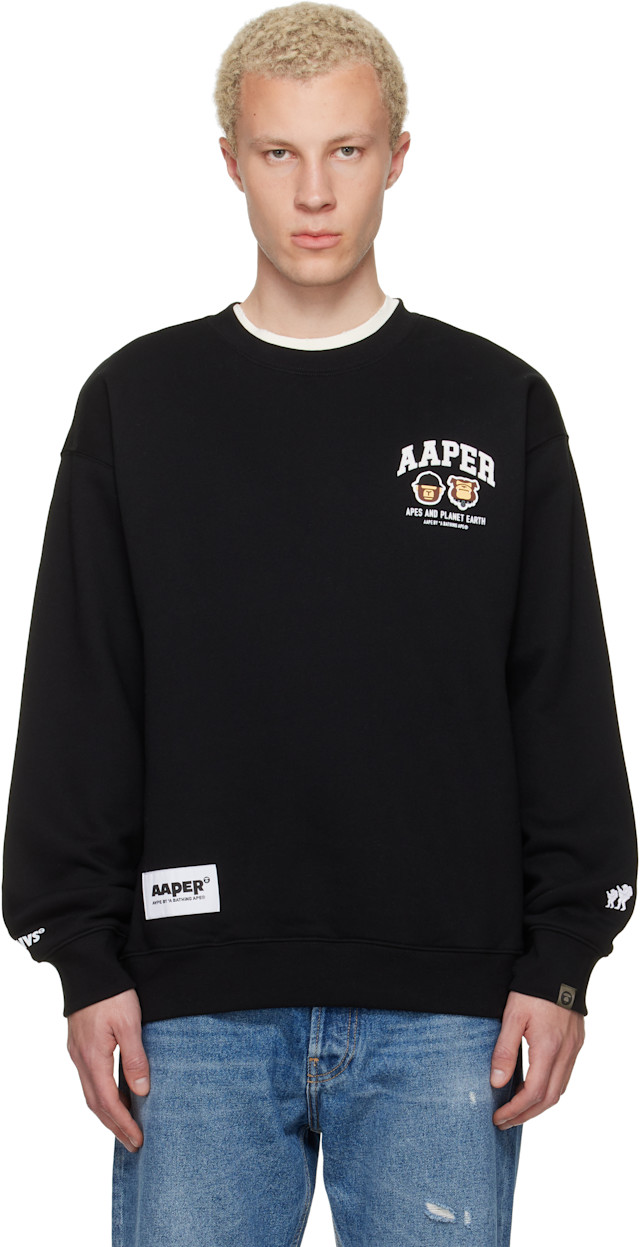 AAPE by A Bathing Ape: Black 'AAPER' Crew Neck Sweatshirt | SSENSE