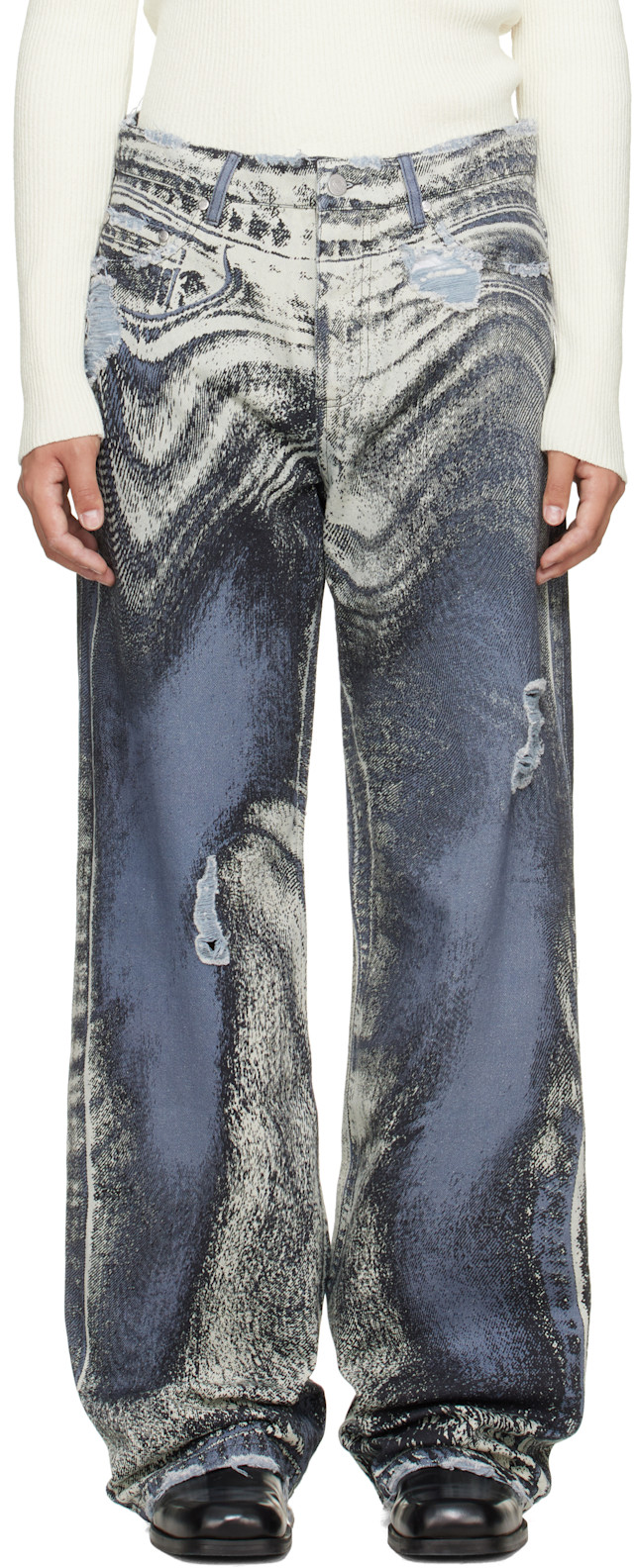 CAMPERLAB: Blue Distorted Print Distressed Denim Jeans | SSENSE