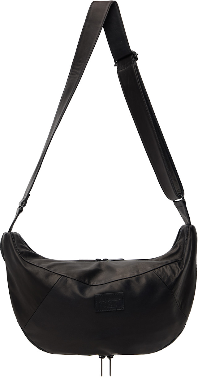 バッグ Yohji yamamoto lether shoulder bag y2k YOHJI YAMAMOTO: Black Scratch Horse Leather Half Moon Shoulder Bag