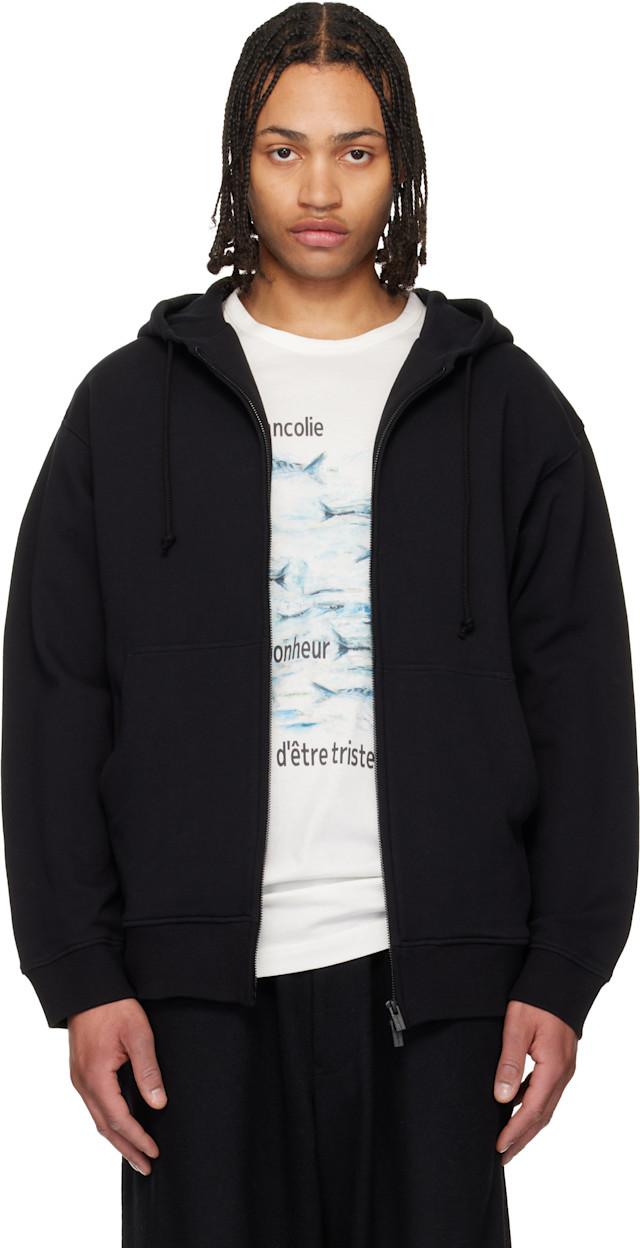 Yohji Yamamoto ブラック ニットフーディー YOHJI YAMAMOTO: Black 30/10 French Terry Logo Hoodie | SSENSE