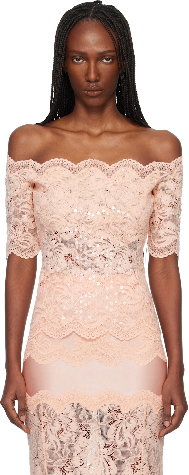 Rabanne: Pink Off The Shoulder Lace Top | SSENSE