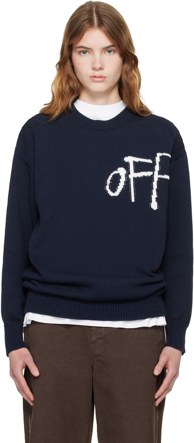 Off-White: ネイビー Bookish Shared Cotton Knit Crewneck セーター