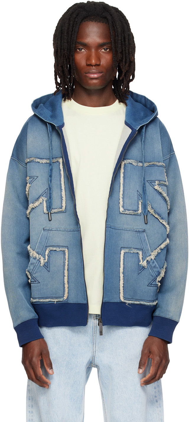 Off-White: Blue Distressed Arrow Skate Zip Hoodie | SSENSE