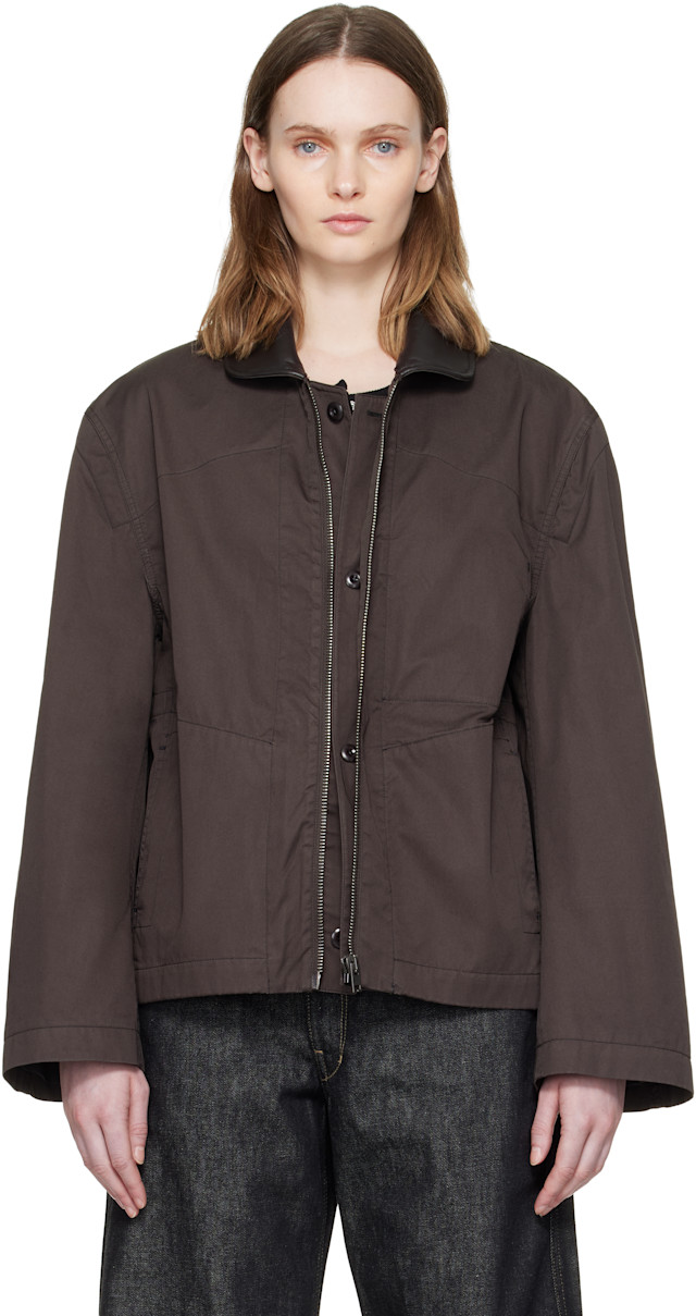 LEMAIRE: Brown Leather Collar Cotton Twill Blouson Jacket | SSENSE