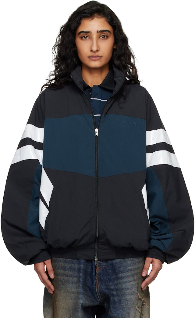 SEA TAFFETA TRACK JACKET シー　タフタトラックジャケット VETEMENTS: Navy & White Taped Track Jacket | SSENSE