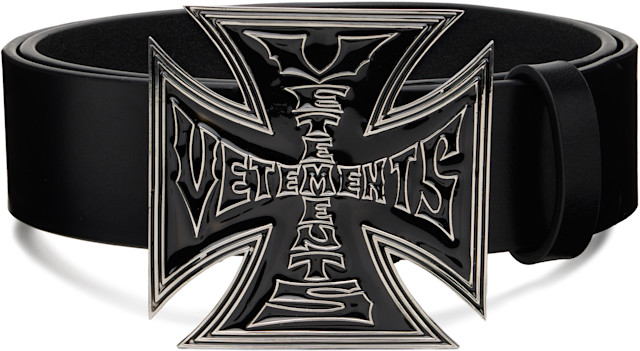 VETEMENTS(ヴェトモン) リングベルト　18SS VETEMENTS: Black Biker Cross Logo Jumbo Belt | SSENSE