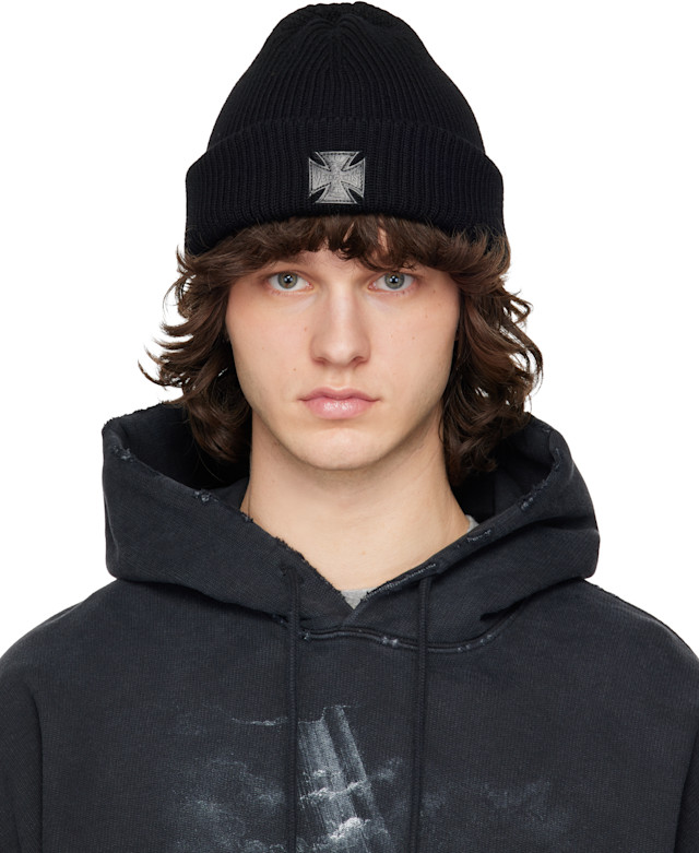 VETEMENTS: Black Leather Biker Cross Label Beanie | SSENSE