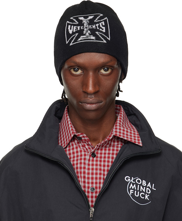 VETEMENTS BIKER CROSS LOGO BEANIE ブラックOS VETEMENTS: Black Biker Cross Logo Beanie | SSENSE Australia