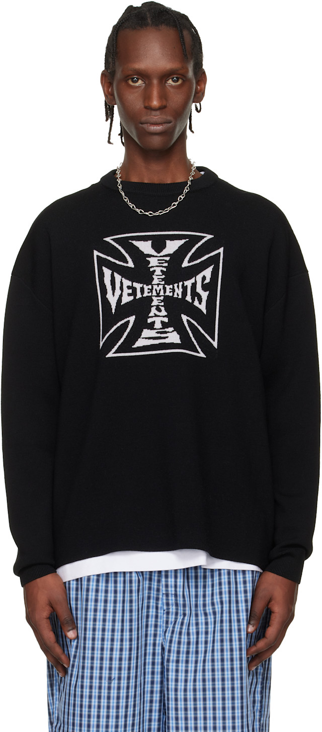 VETEMENTS: ブラック Double Biker Cross Logo セーター | SSENSE 日本