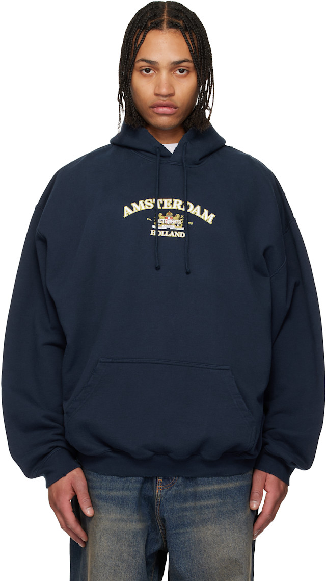 VETEMENTS: Navy Holland Tourist Hoodie | SSENSE