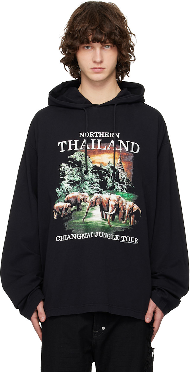 VETEMENTS: Black 'Thailand' Tourist Light Hoodie | SSENSE
