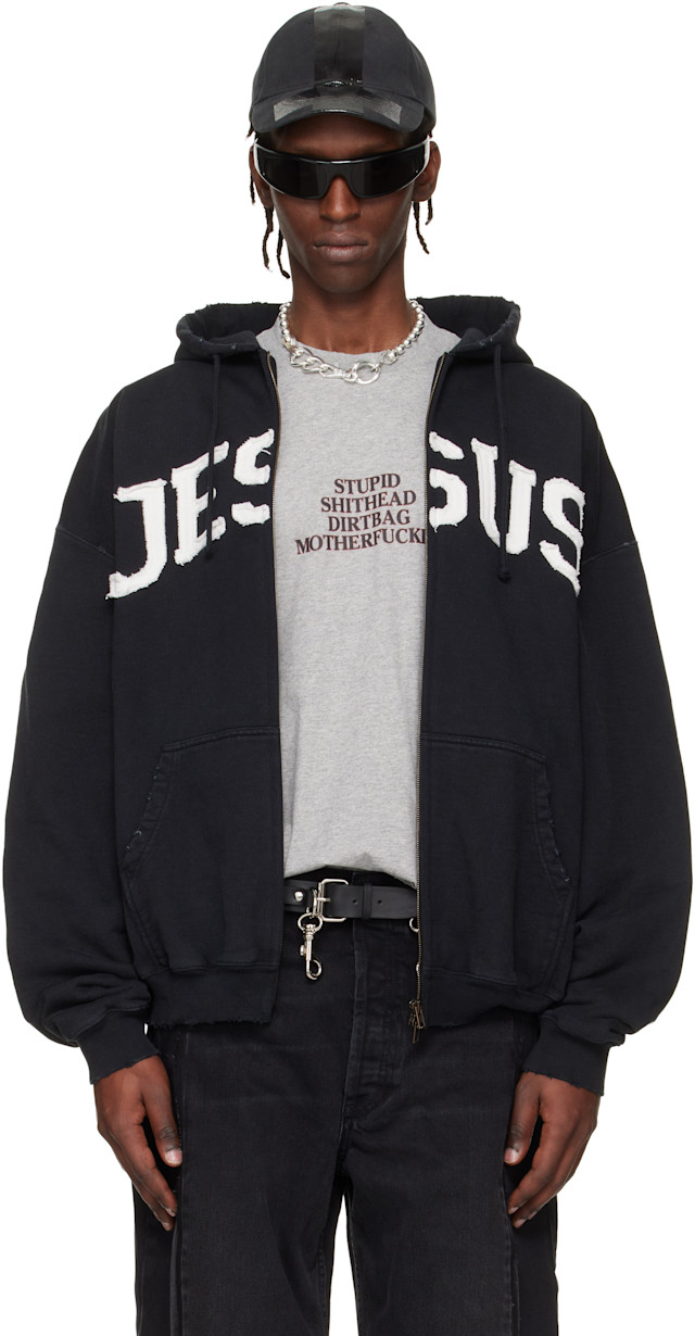 VETEMENTS: Black 'Jesus Christ' Zip-Up Hoodie | SSENSE