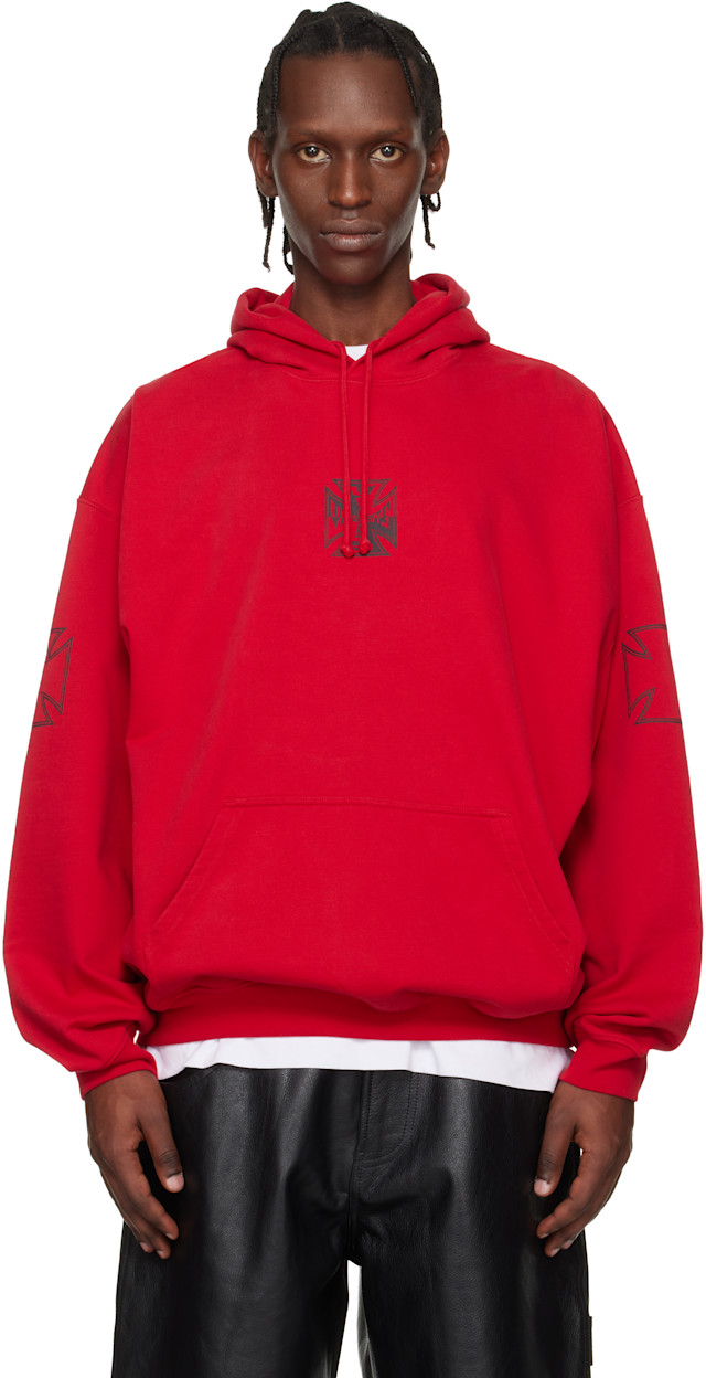 VETEMENTS: Red Tripple Biker Cross Logo Hoodie | SSENSE