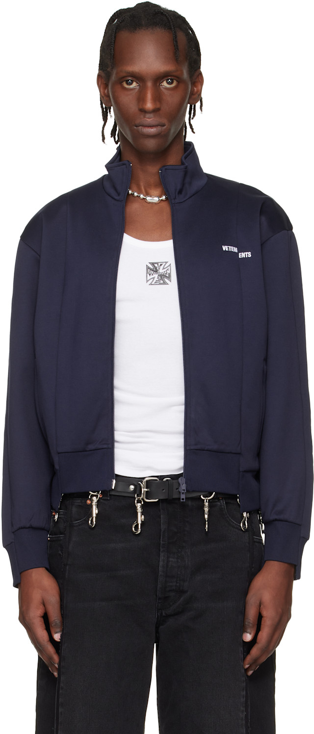 VETEMENTS: Navy Cut-Up Athletic Zip-Up Track Jacket | SSENSE