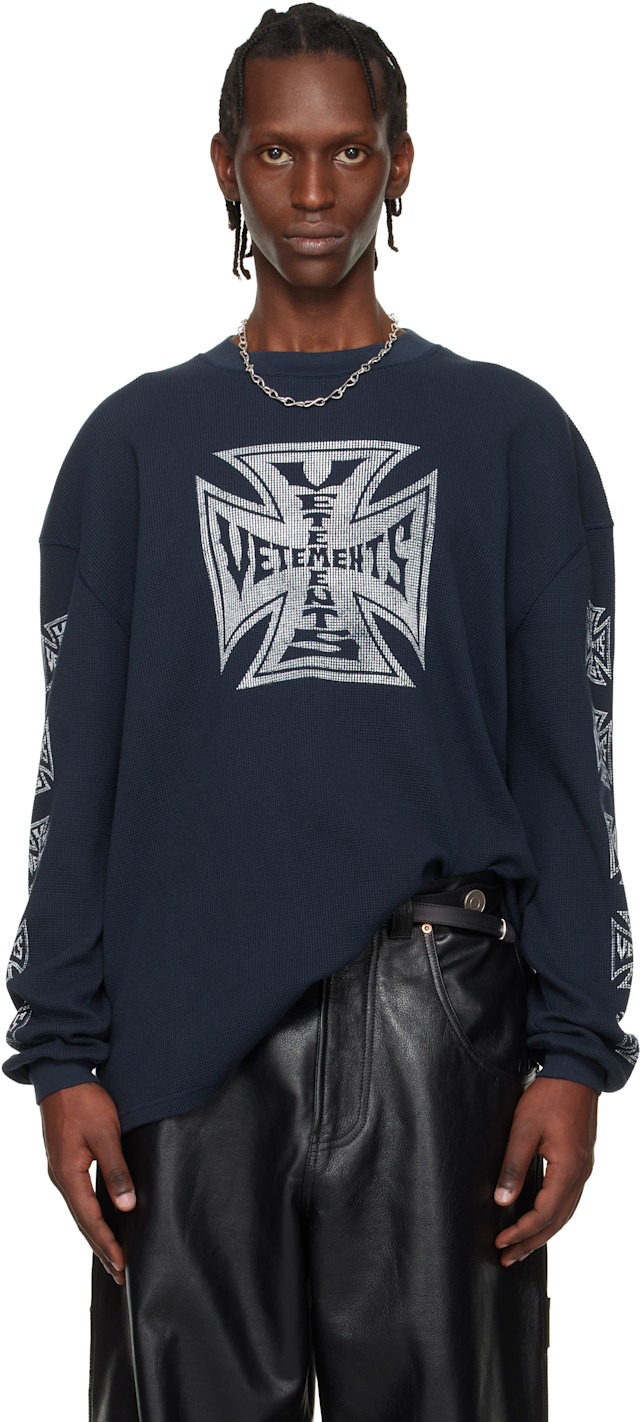 VETEMENTS: ネイビー Biker Cross Waffle 長袖Tシャツ | SSENSE 日本