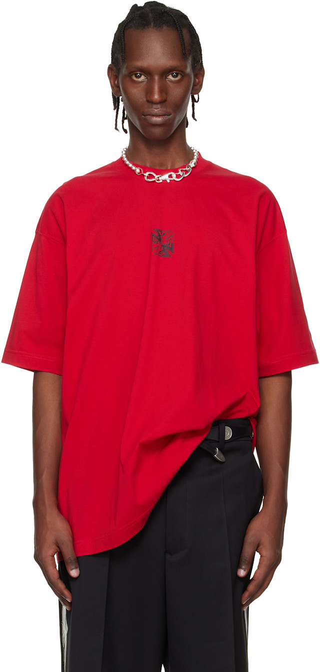 VETEMENTS: Red Biker Cross Logo T-shirt | SSENSE