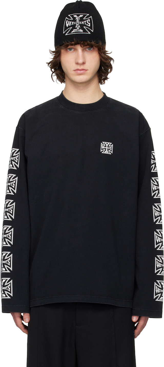 トップス VETEMENTS VETEMENTS: Black Biker Cross Sleeves Longsleeve T-shirt | SSENSE