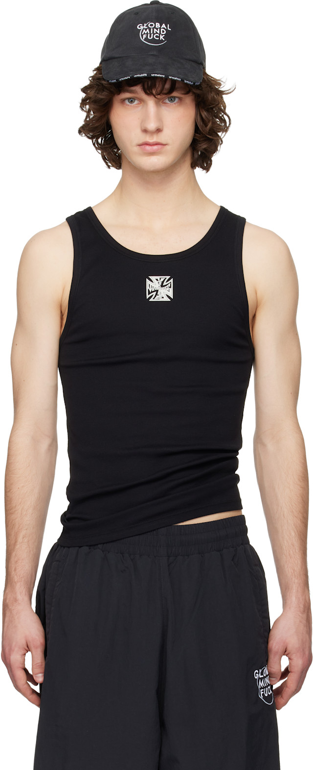 VETEMENTS: Black Biker Cross Logo Tank Top | SSENSE