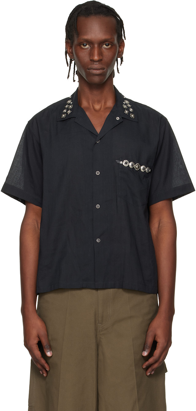 Toga Virilis: Black Plain Weave Metal S/S Shirt | SSENSE