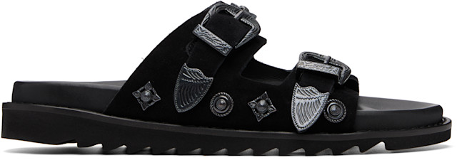 Toga Virilis: Black Buckle Suede Sandals | SSENSE