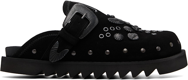 靴 TOGA VIRILIS EYELET L SABOT 41 Toga Virilis: Black Eyelet Metal Sabot Loafers | SSENSE