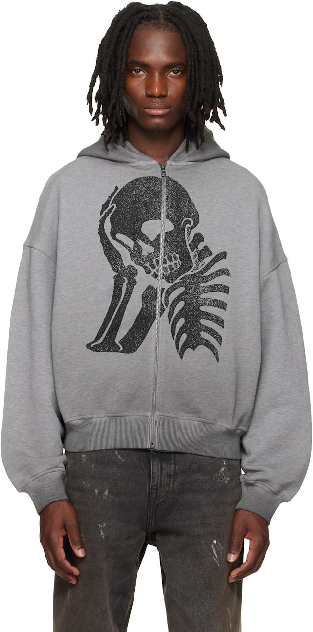 Palm Angels: Gray Skull Zipped Loose Hoodie | SSENSE Denmark