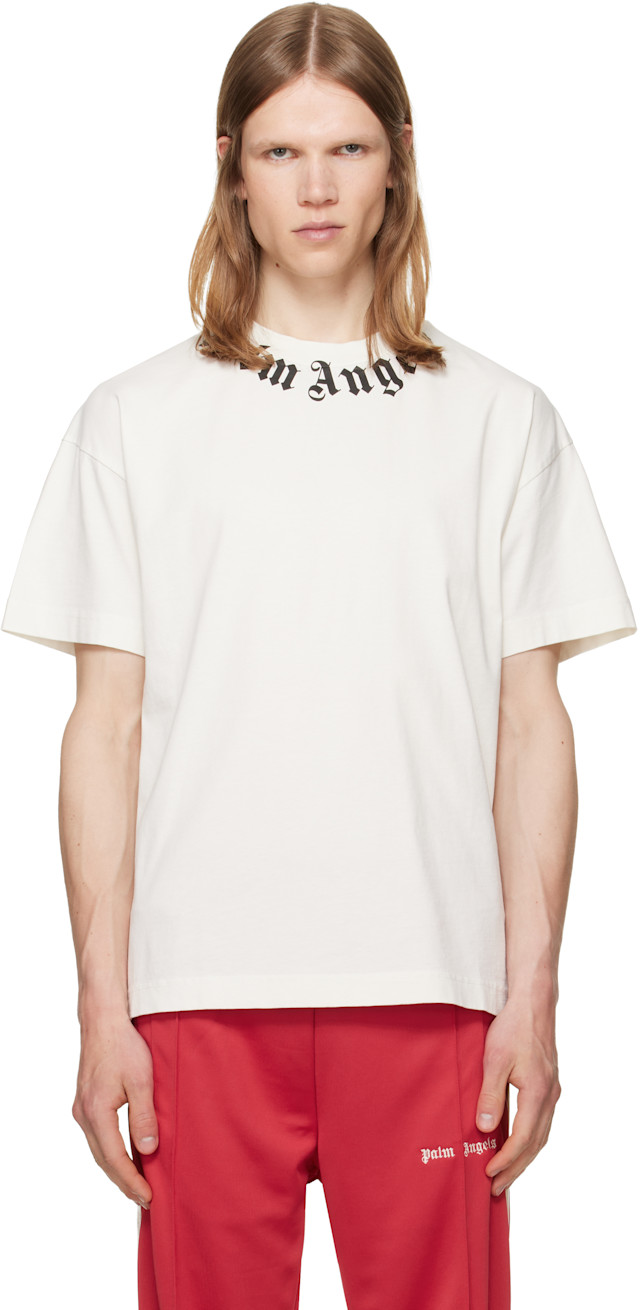 Palm Angels: オフホワイト Neck Logo Tシャツ | SSENSE 日本