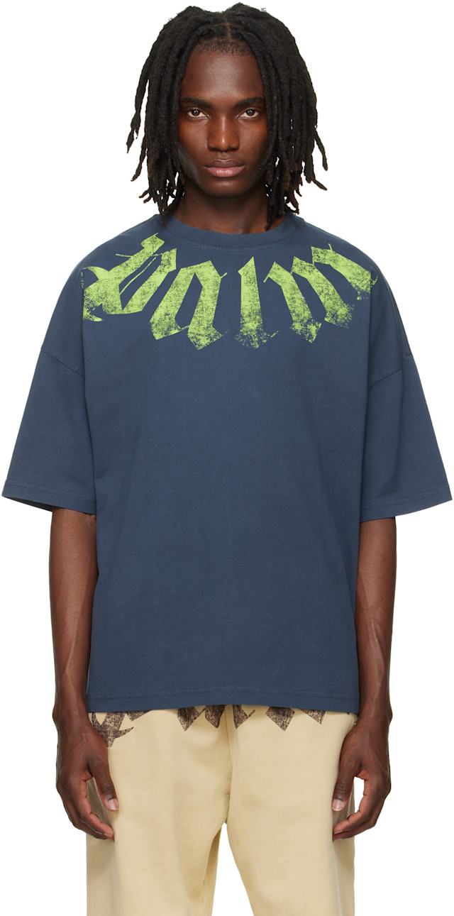 palm Angels / シースルー 長袖カットソー オフネックC175 Palm Angels: Navy Big Neck Logo Loose T-shirt | SSENSE