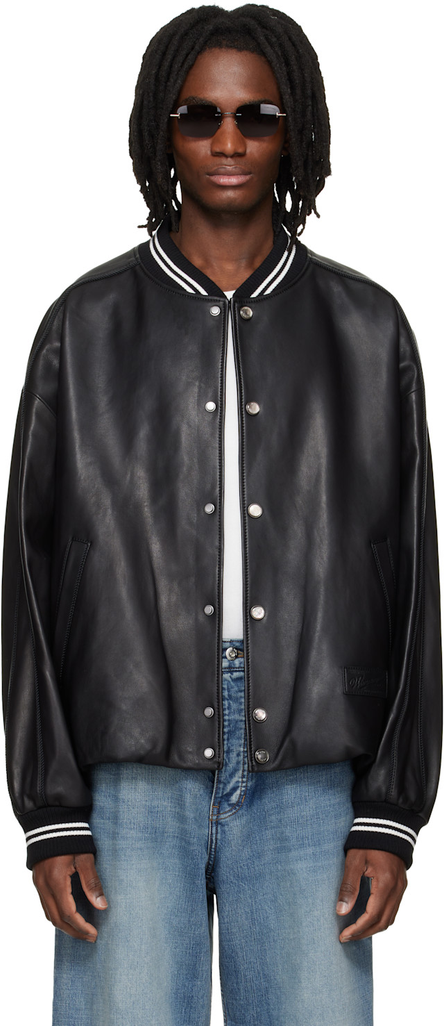 WOOYOUNGMI: Black Leather Baseball Jacket | SSENSE