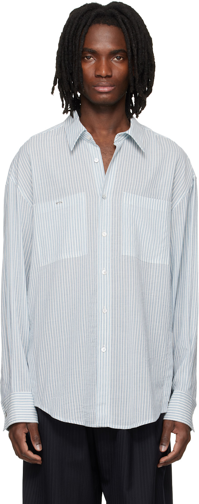 WOOYOUNGMI: Blue Stripe Back Logo Shirt | SSENSE