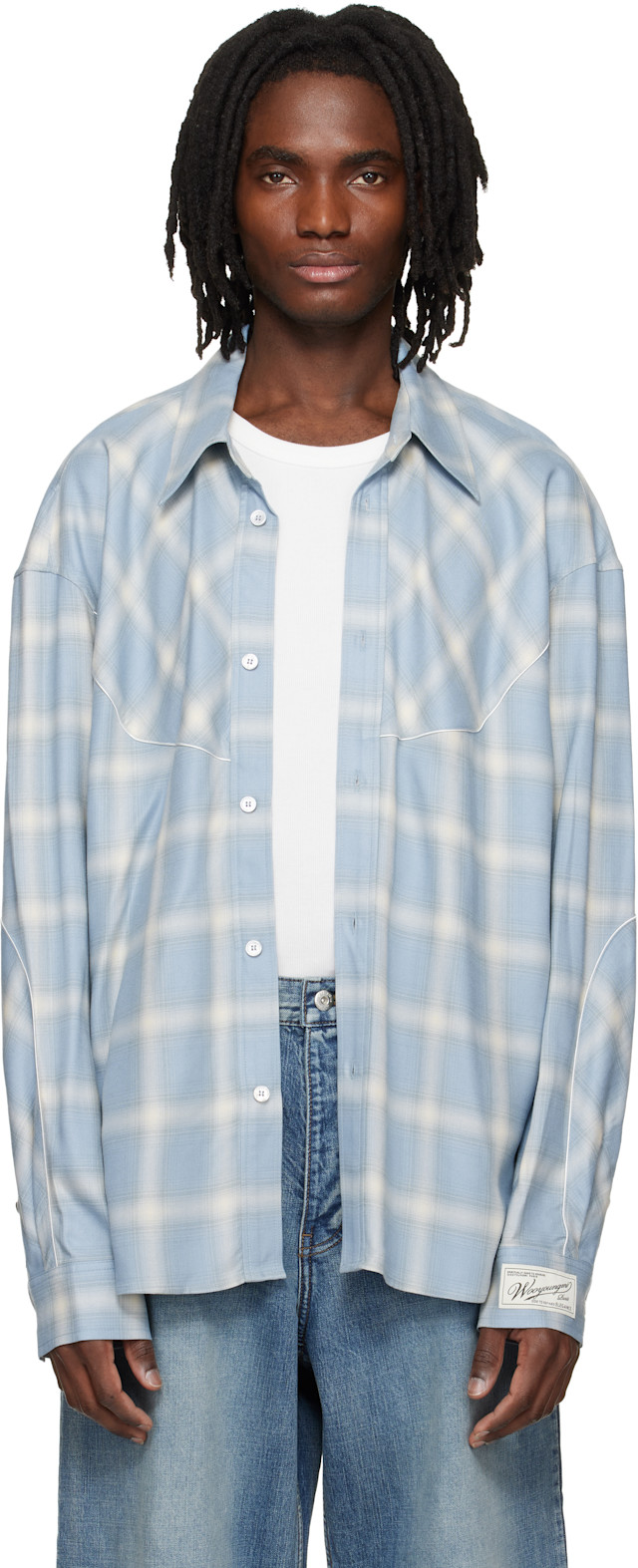 WOOYOUNGMI: Blue Gradient Check Western Shirt | SSENSE