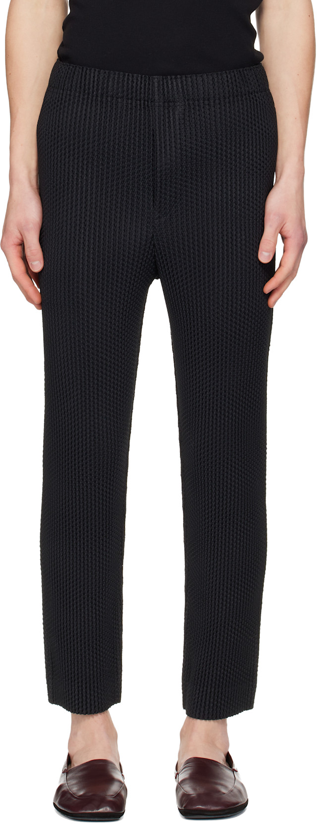 HOMME PLISSÉ ISSEY MIYAKE: Black Wickerwork Mesh Trousers | SSENSE