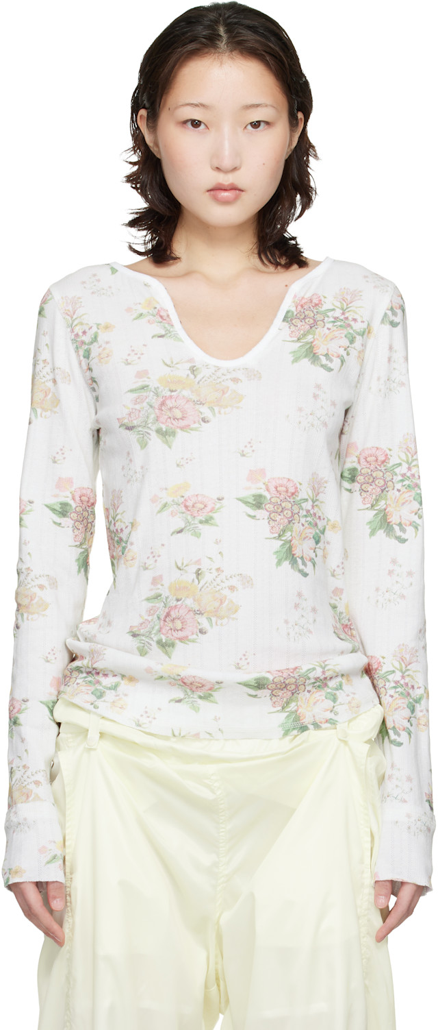 トップス OPEN YY FLORAL HOOK HENLEY LONG SLEEVE OPEN YY: White Floral Hook Long Sleeve Henley | SSENSE