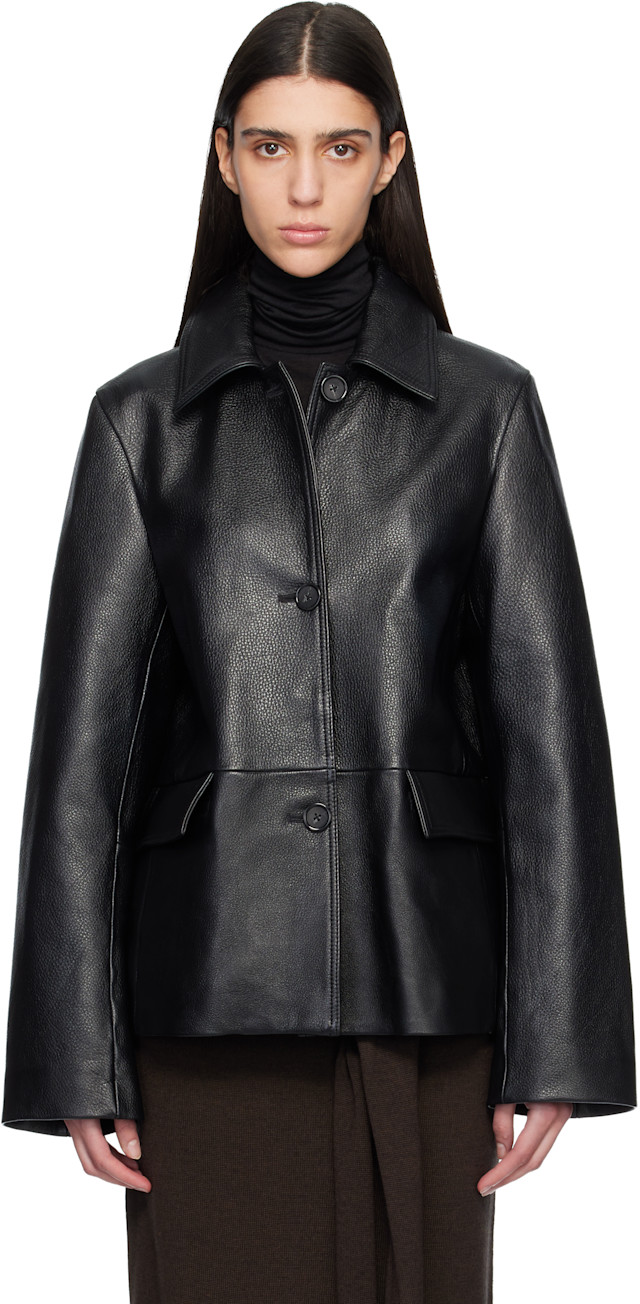 toteme ブラックレザージャケット TOTEME: Black Grained Leather Jacket | SSENSE
