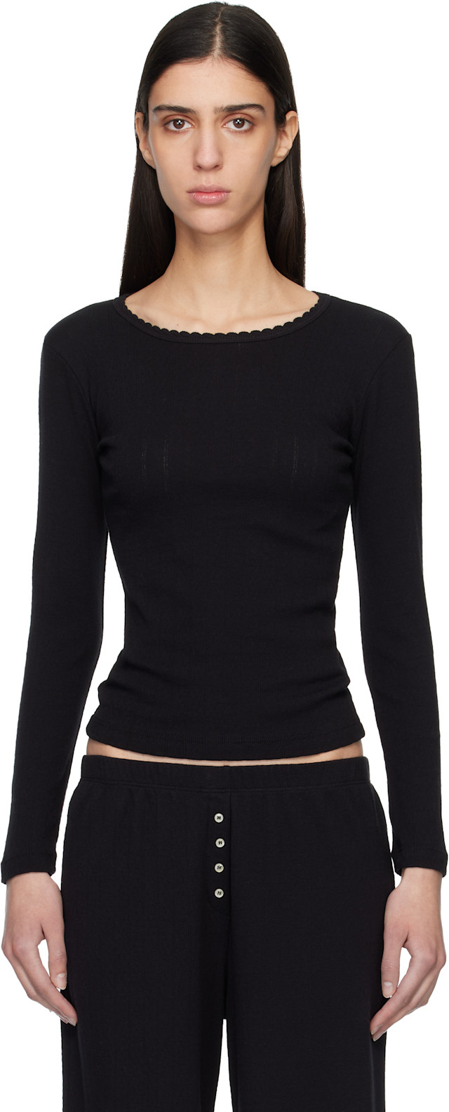 LESET: Black Pointelle Slim Fit Long Sleeve T-shirt | SSENSE Canada