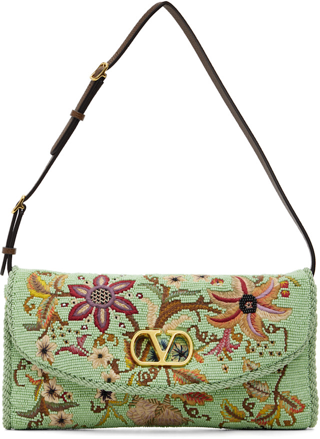 Valentino Garavani: Green DeVain Embroidered Small Shoulder Bag