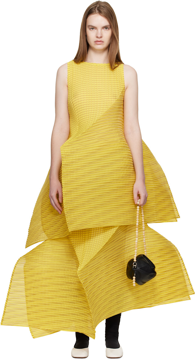 ISSEY MIYAKE: Yellow Generic Stripes Machine Pleats Minidress | SSENSE