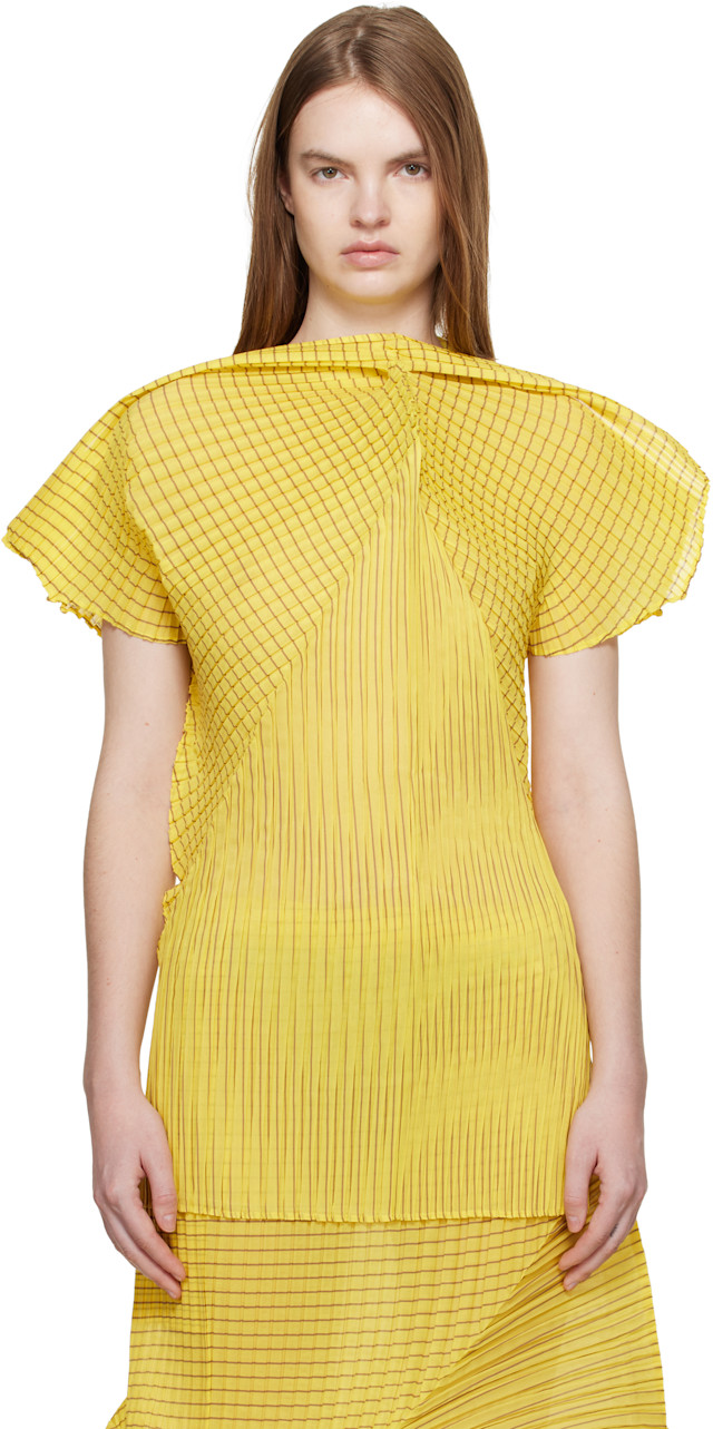 ISSEY MIYAKE: Yellow Generic Stripes Machine Pleats Blouse | SSENSE