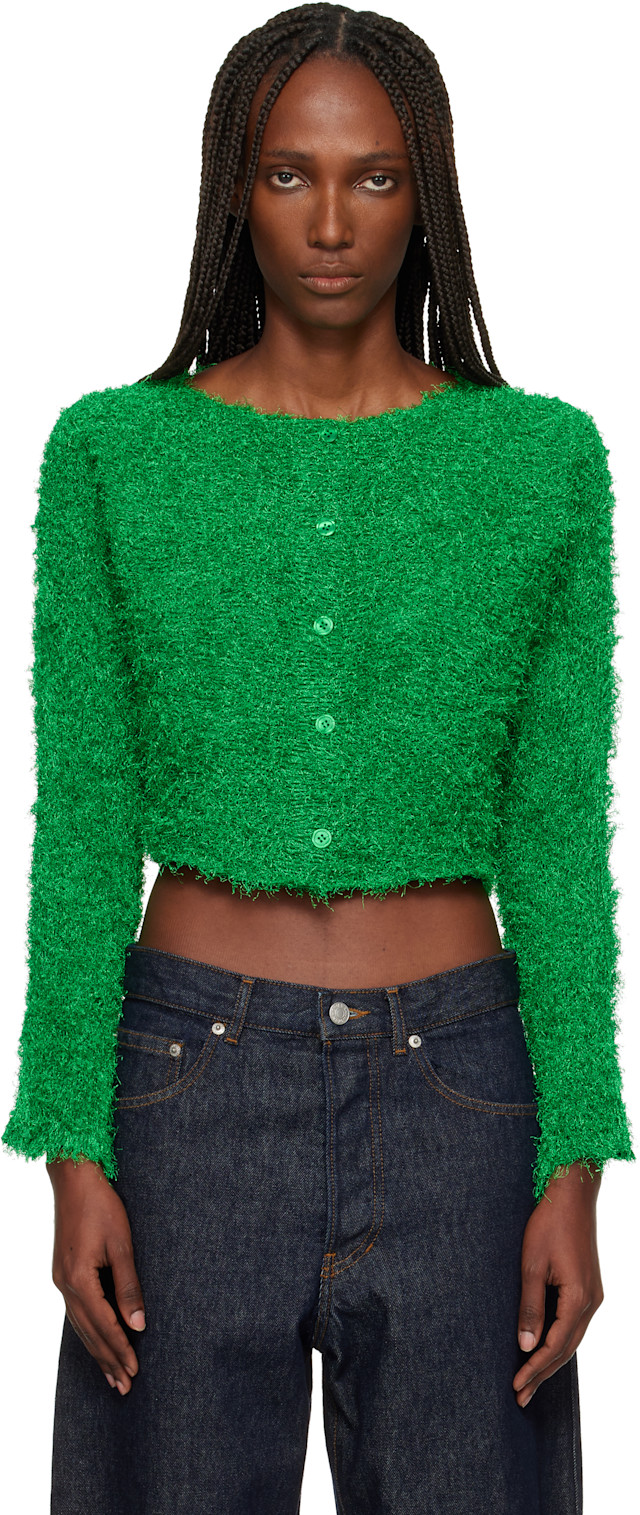 ISSEY MIYAKE: Green Shifted Fuzzy Pleats Cardigan | SSENSE
