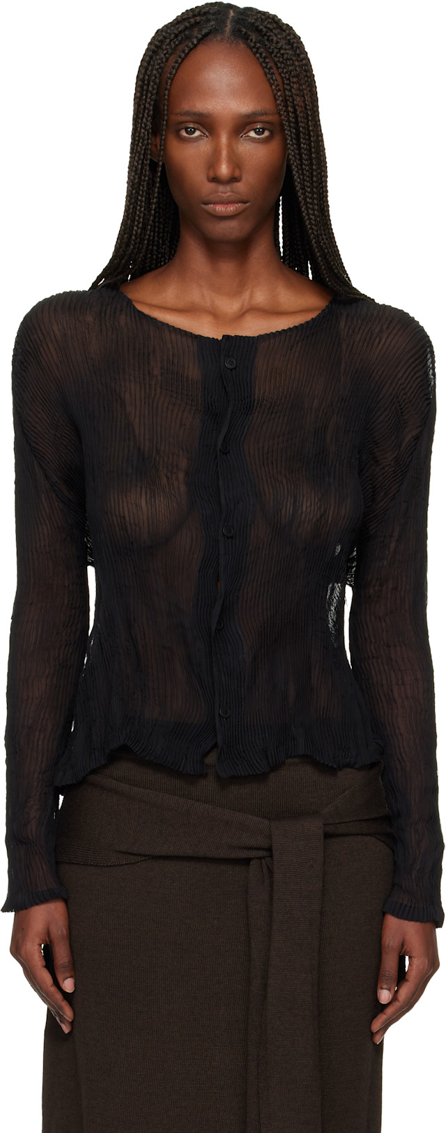 ISSEY MIYAKE シフォンツイスト カーディガン ISSEY MIYAKE: Black Chiffon Twist Cardigan | SSENSE