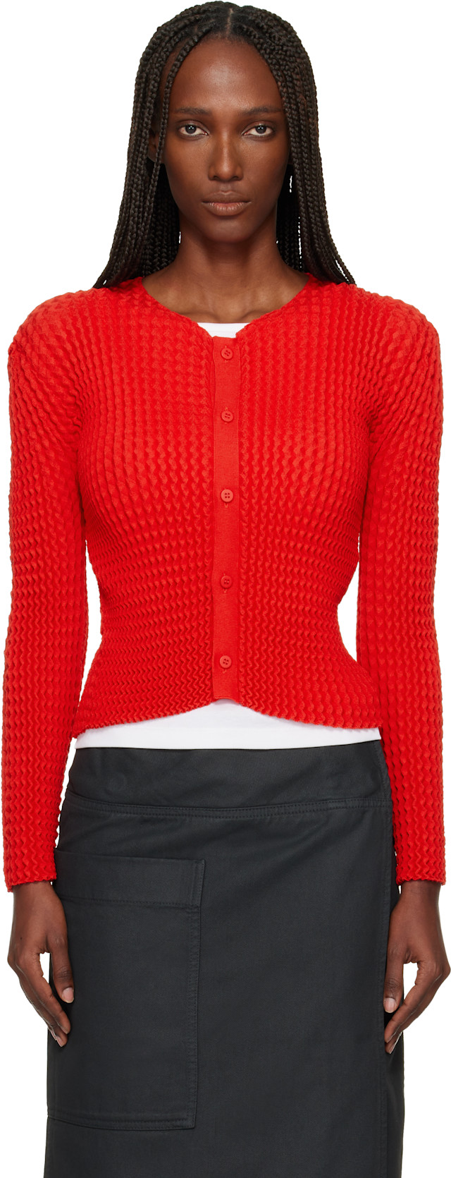 ISSEY MIYAKE: Red October Spongy-58 Cardigan | SSENSE Hong Kong