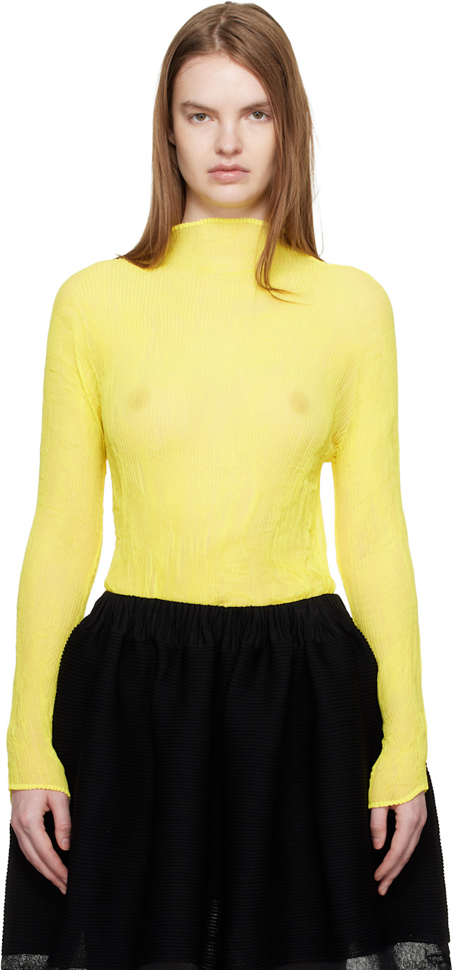 ISSEY MIYAKE: Yellow Chiffon Twist 3 Top | SSENSE