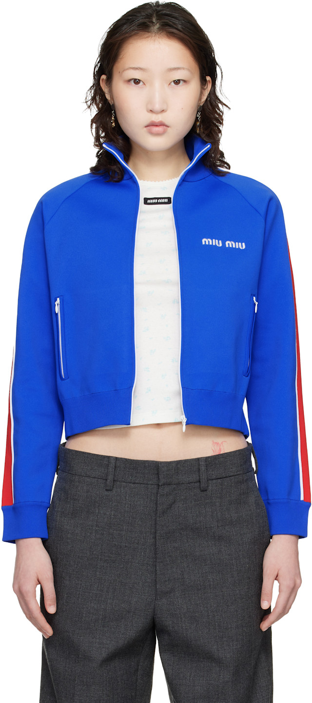 Miu Miu: Navy Technical Yarn Zipper Track Jacket | SSENSE Canada