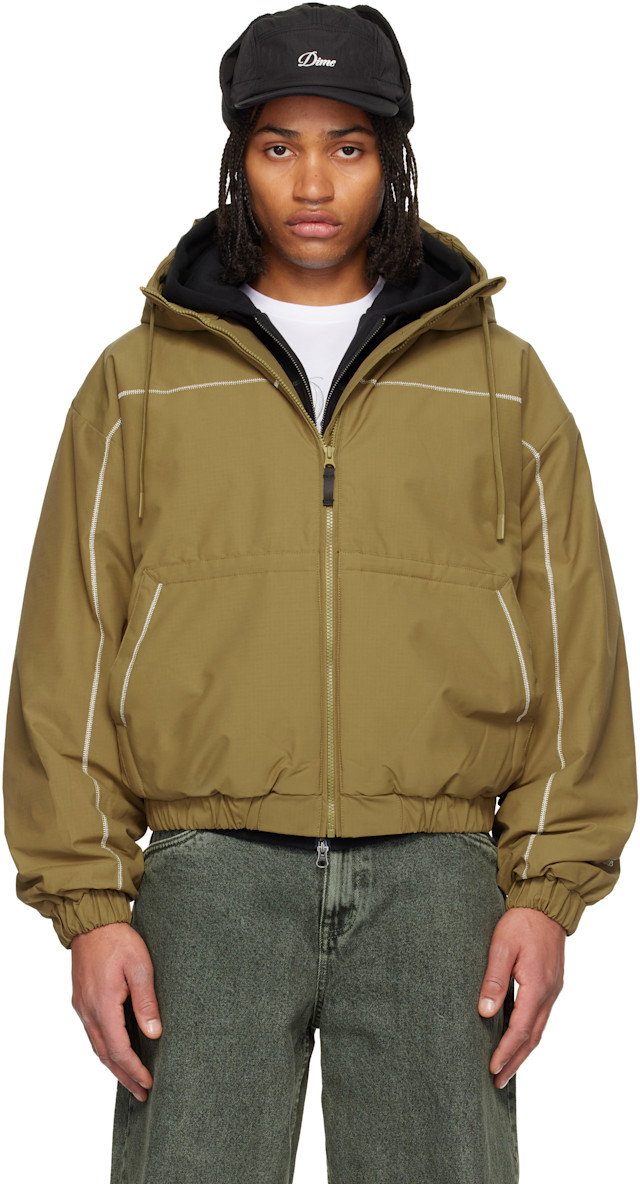 『Dime 』Quilted Hooded Jacket Khaki Dime: Khaki Quilted Ripstop Puffer Jacket | SSENSE Canada