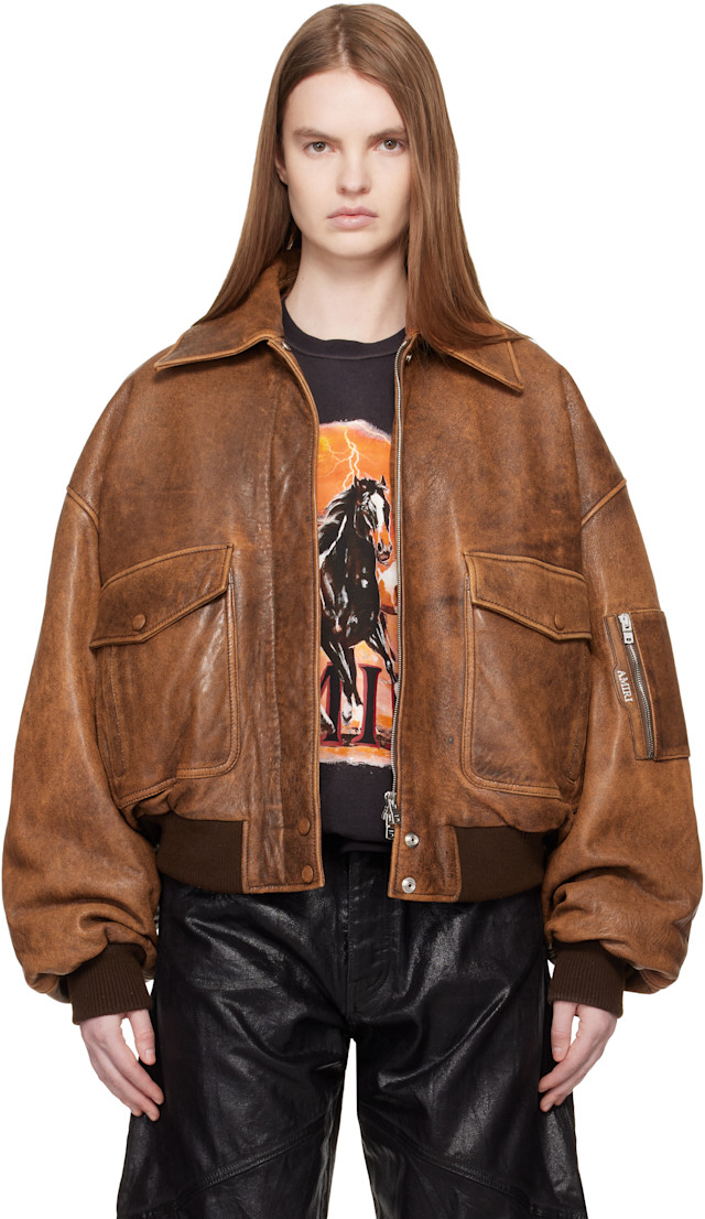AMIRI: Tan Faded Leather Bomber Jacket | SSENSE