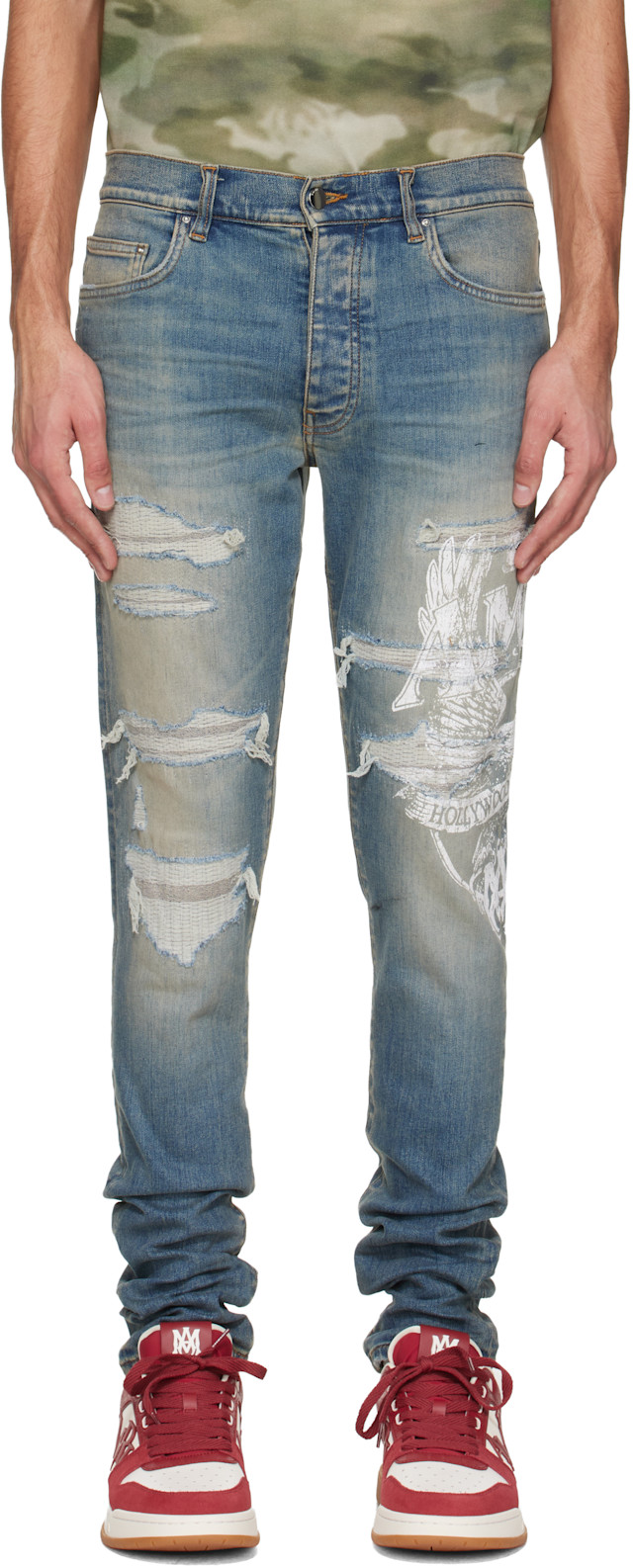 AMIRI: Blue AMIRI Eagle Repair Skinny Jeans | SSENSE
