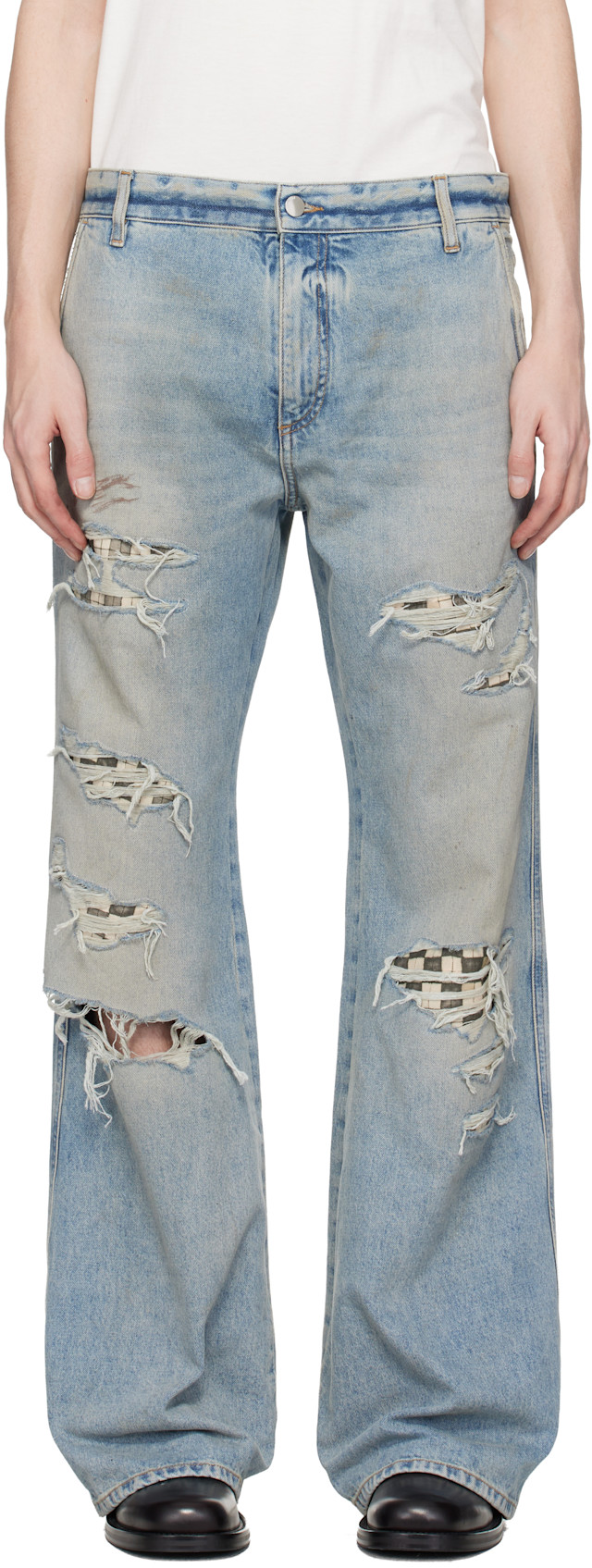 AMIRI: Blue Checkered Repair Bootcut Jeans | SSENSE