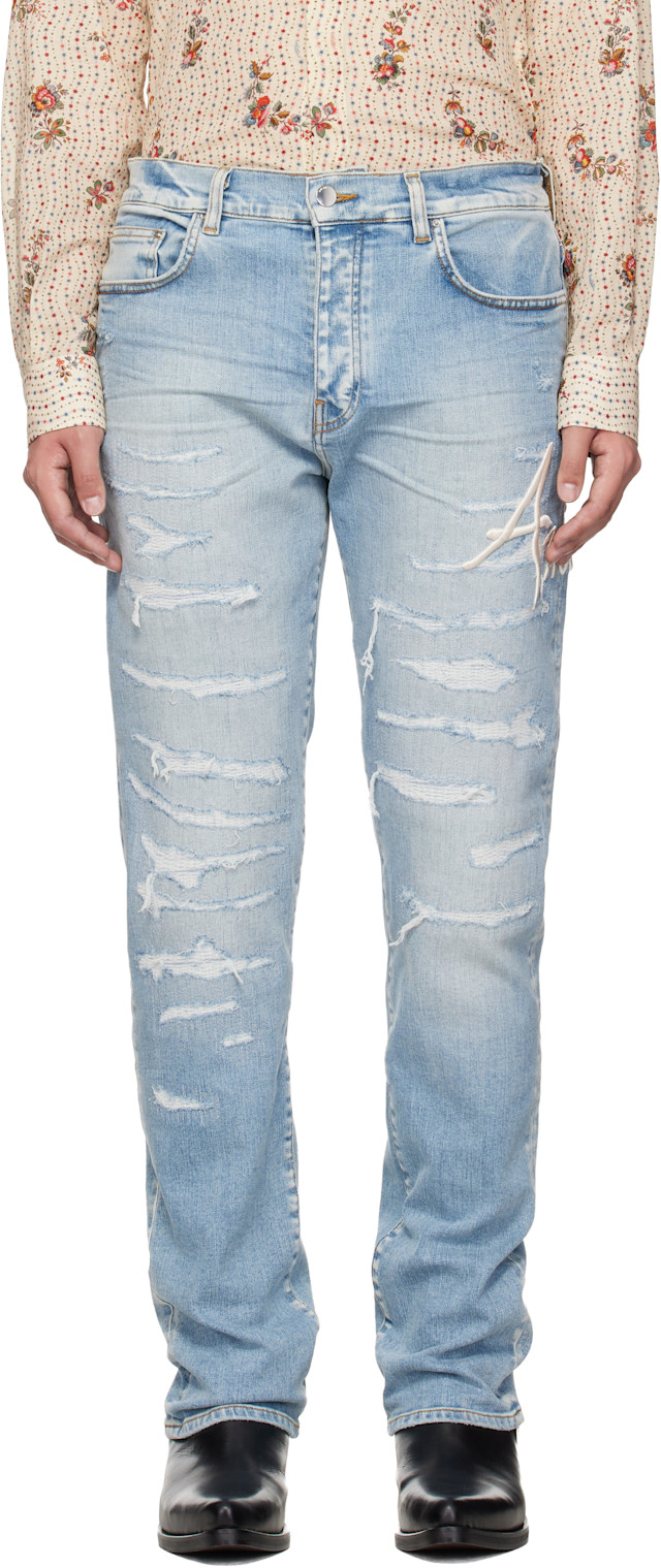 AMIRI デニム AMIRI: Blue 'AMIRI' Repaired Slim Jeans | SSENSE