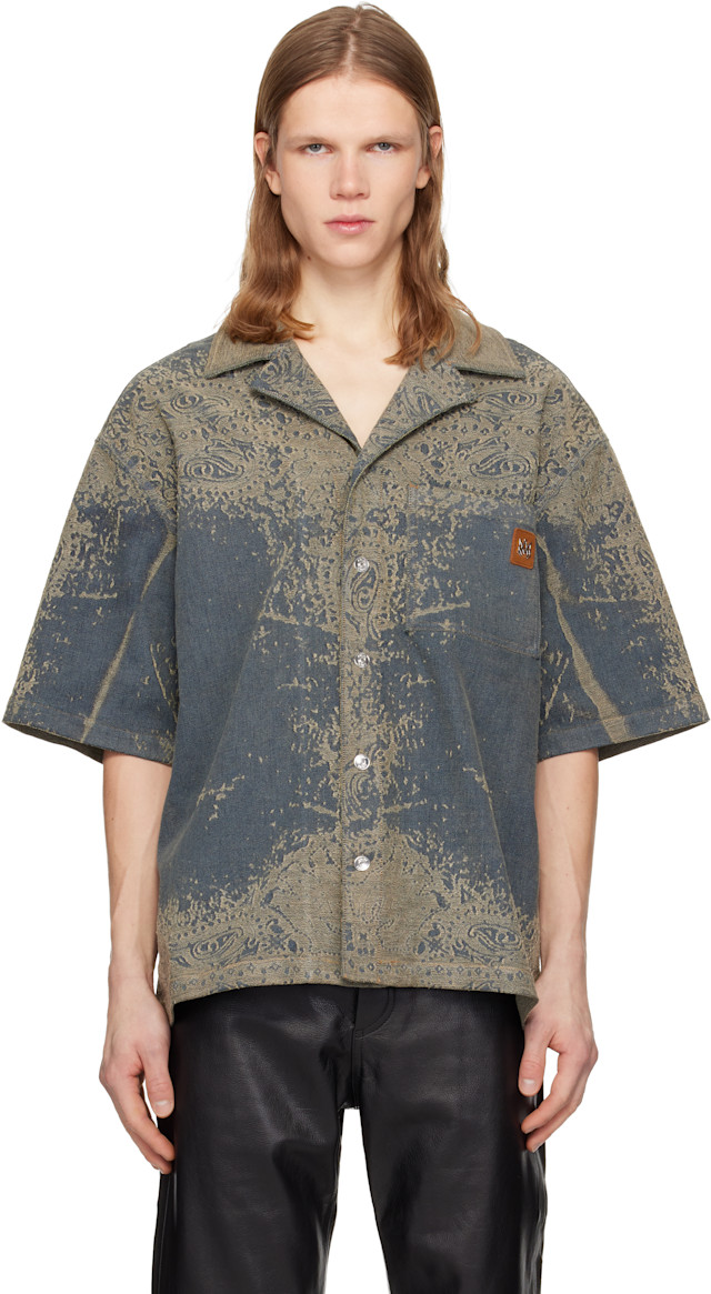 ヨ*リ様 AMIRI 24SS バンダナジャガードデニム半袖シャツ AMIRI: ブルー Faded Bandana デニムシャツ | SSENSE 日本